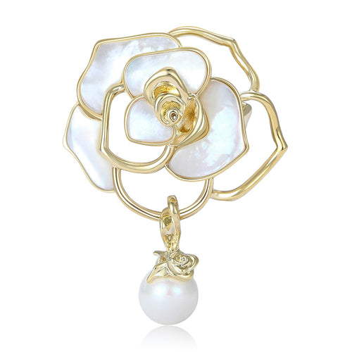 Copper Zircon Mother Of Pearl Camellia Brooch Pin For Women