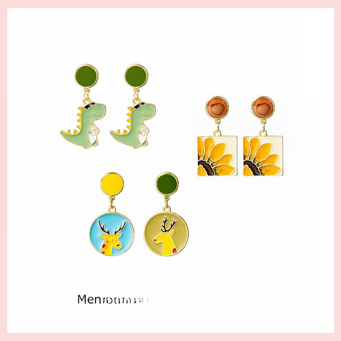Cute Cartoon Deer Dinosaur Sunflower Enamel Alloy Drop Earrings For Women Girls Color Contrast Earrings