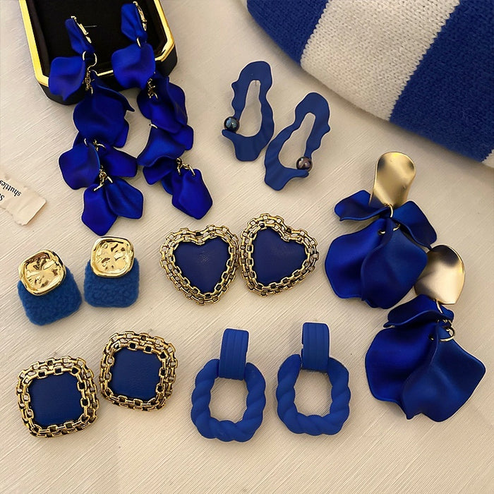 Klein Blue Alloy Tassel Drop Earrings Vintage Geometric Heart Design For Women