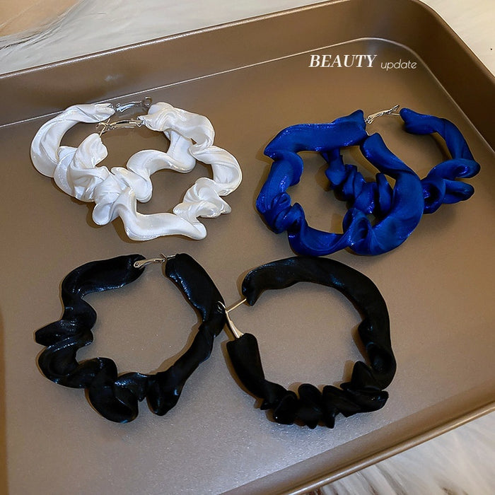 Korean Style Fabric Geometric Round Hoop Earrings With Pleated Design And Silver Posts
