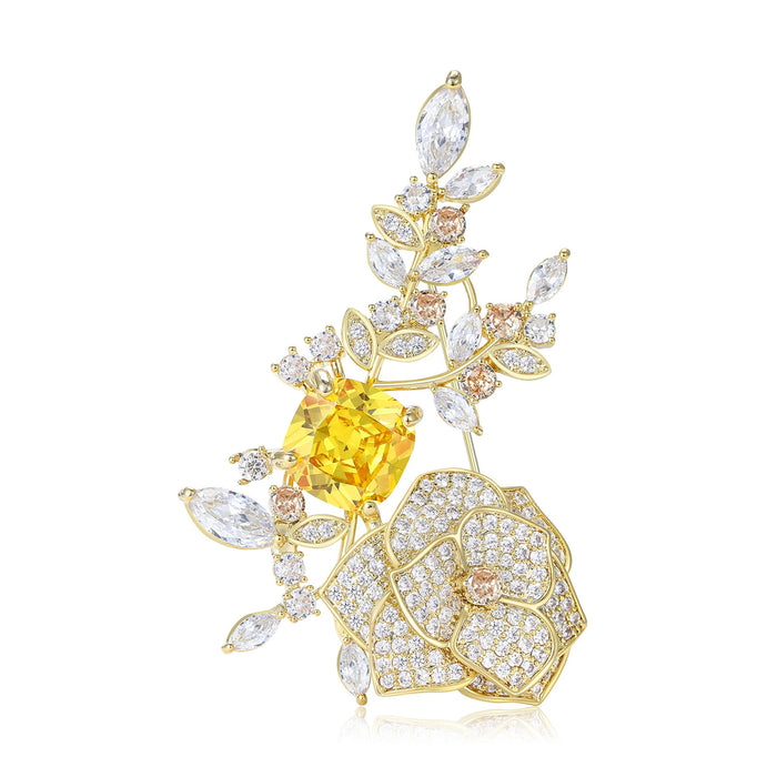 Elegant Gold Plated Alloy Zircon Camellia Brooch Pin For Dresses