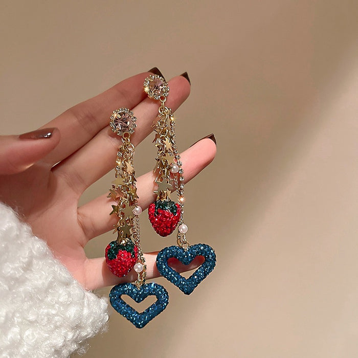Exaggerated Alloy Rhinestone Strawberry Heart Star Tassel Long Drop Earrings