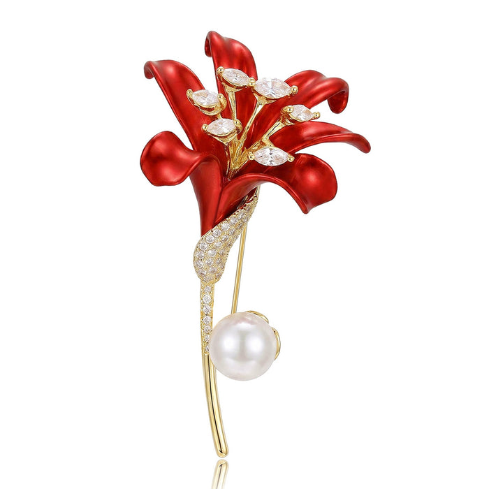Copper Zircon Lily Flower Brooch Pin For Fashion Clothing Decoration