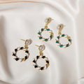 Vintage Gold Tone Alloy Pearl Studs With Contrast Enamel Twisted Hoop Drop Elegant Fashion Earrings view 1