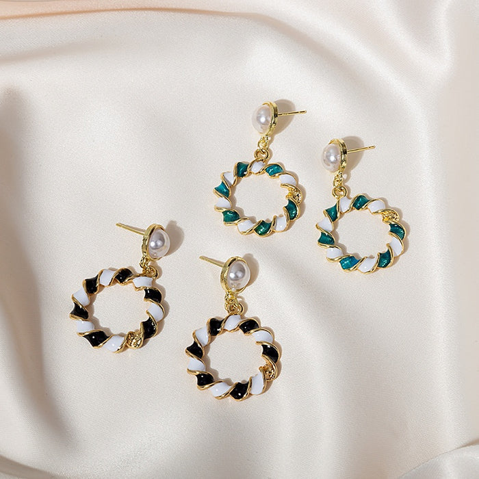 Vintage Gold Tone Alloy Pearl Studs With Contrast Enamel Twisted Hoop Drop Elegant Fashion Earrings