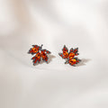 Vintage Red Maple Leaf Studs With Micro Pave Zircon Rhinestone Alloy Silver Needle Elegant Autumn Earrings view 2