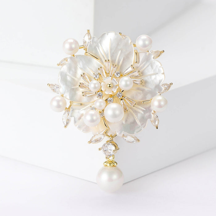 Alloy Shell Pearl Camellia Brooch Pin for Suits and Dresses