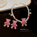 Silver Needle Rhinestone Flocked Bear Stud Earrings Cute Pink Sweet Fabric Cartoon Ear Jewelry view 3