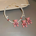 Silver Needle Rhinestone Flocked Bear Stud Earrings Cute Pink Sweet Fabric Cartoon Ear Jewelry view 1
