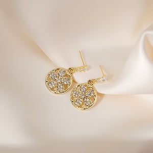 Elegant Gold Alloy Round Flower Drop Studs With Sparkling Zircon Tassel For Women Fashion Earrings