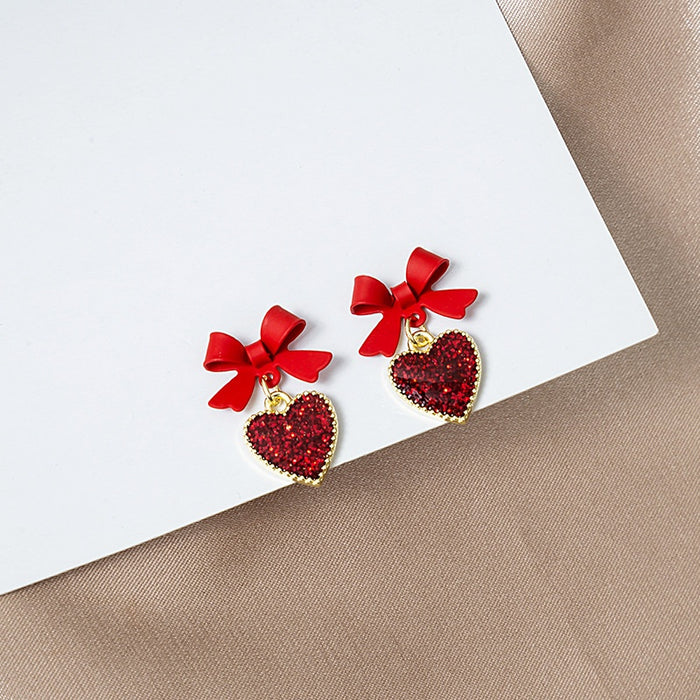 Elegant Red Enamel Bowknot Rhinestone Heart Drop Alloy Sweet Girl Long Dangle Earrings