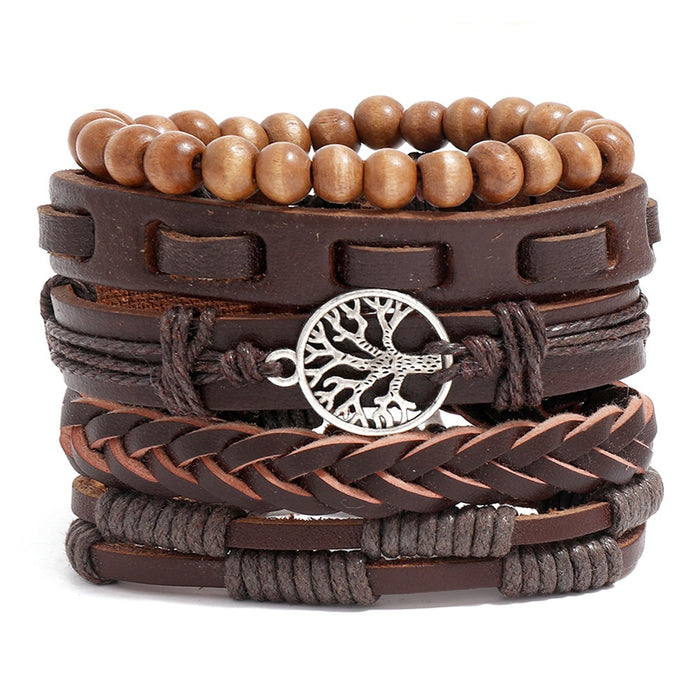 Handmade Braided Vintage Leather Bracelet Set, DIY 5 Piece Tree Of Life Wristband Jewelry
