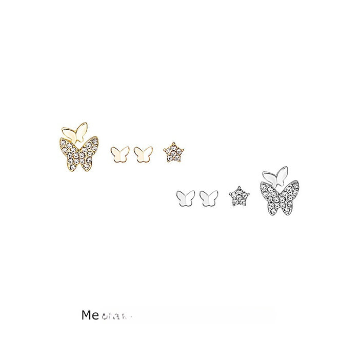 Sweet Mini Butterfly Zircon Stud Set, 5-Piece Alloy Silver Needle Luxury Cartilage Earrings