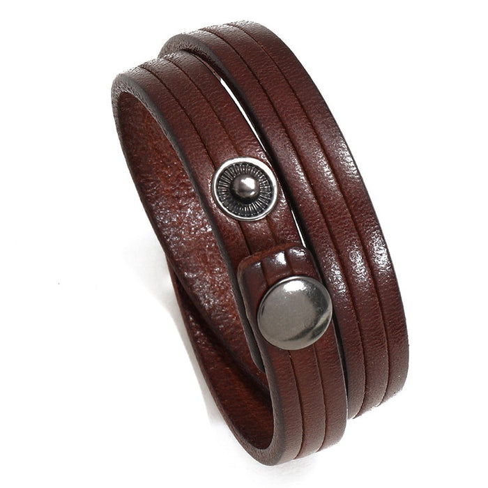 European Fashion Double Wrap First Layer Cowhide Leather Bracelet, Vintage Men's Wristband