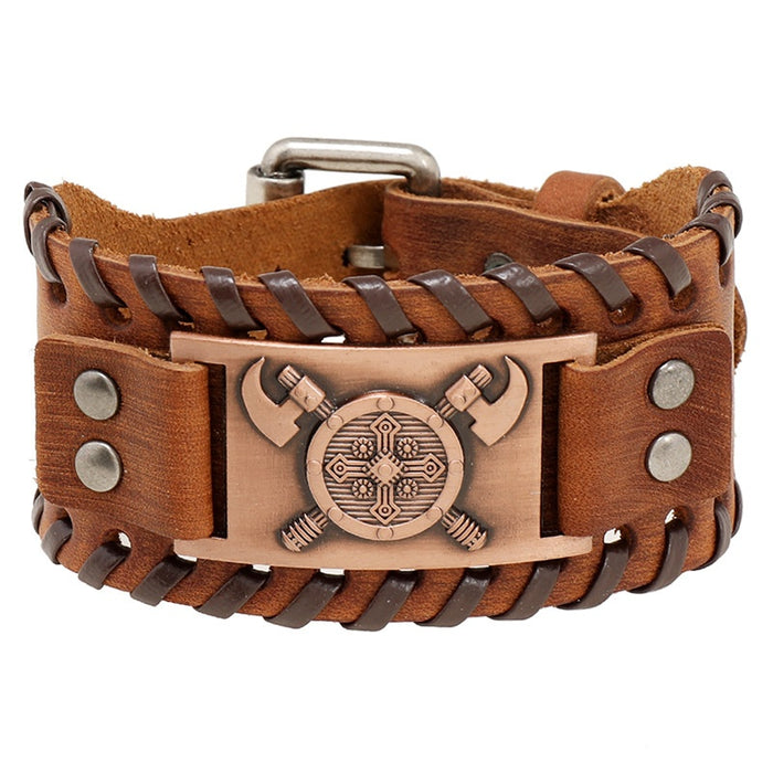 Vintage Braided Wide Leather Bracelet Nordic Viking Battle Axe Cowhide Wristband Jewelry