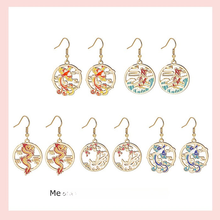 Vintage Chinese Mythical Dragon Phoenix Enamel Alloy Drop Hooks Elegant Niche Fashion Dangle Earrings
