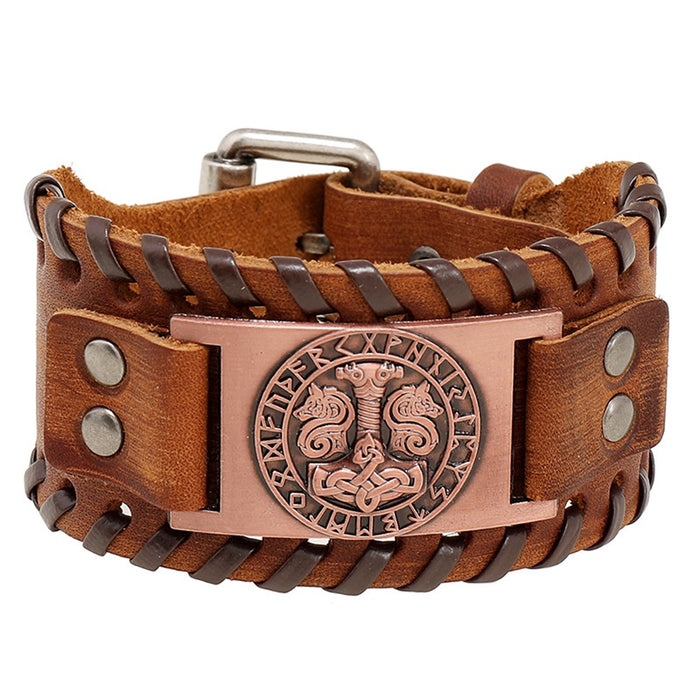 Nordic Myth Viking Odin Symbol Vintage Braided Cowhide Leather Bracelet Mens Jewelry