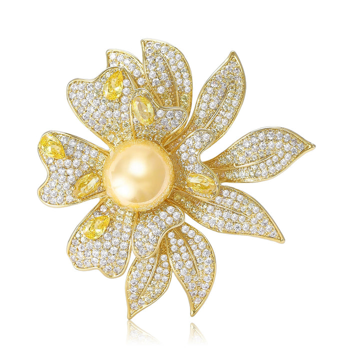 Copper Zircon Lotus Brooch With Amber Accent For Women's Apparel