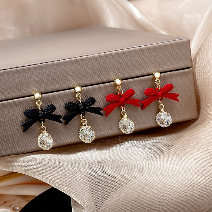 Elegant Bowknot Crystal Drop Stud Earrings For Women, Rhinestone Alloy Long Tassel Earrings