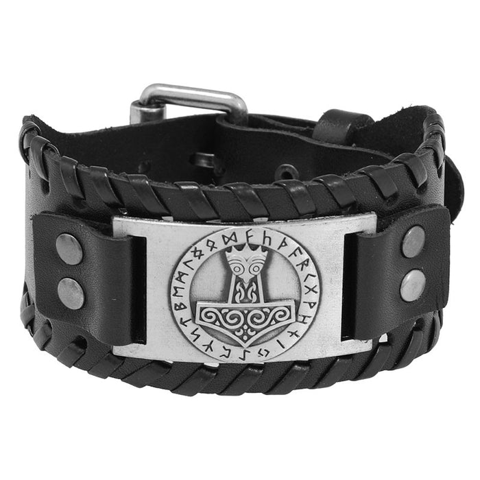 Vintage Braided Thor Hammer Cowhide Bracelet, Simple Viking Rune Wide Leather Cuff Accessory