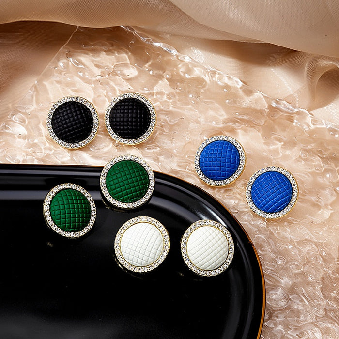 Elegant Candy Color Round Grid Fabric Studs With Micro Pave Zircon Rhinestone Alloy Border Earrings
