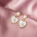 Vintage Palace Style Pearl Heart Stud Drops With Rhinestone Trim Black White Enamel Elegant Earrings view 2