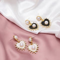 Vintage Palace Style Pearl Heart Stud Drops With Rhinestone Trim Black White Enamel Elegant Earrings view 1