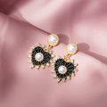 Vintage Palace Style Pearl Heart Stud Drops With Rhinestone Trim Black White Enamel Elegant Earrings view 3