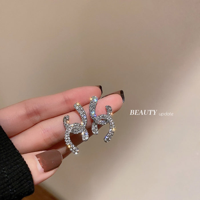 Chic Rhinestone Letter Cross Alloy Stud Earrings For Women Korean Light Luxury Jewelry