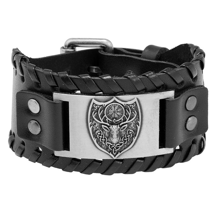 Vintage Nordic Viking Mens Cowhide Leather Bracelet Braided Warrior Shield Bangle Jewelry