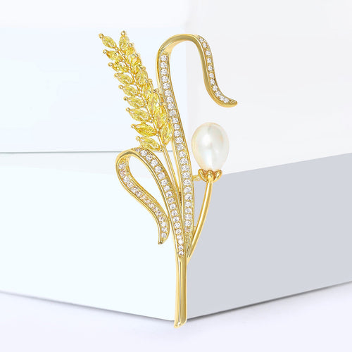 Copper Zircon Wheat Brooch Elegant Harvest Lapel Pin For Women