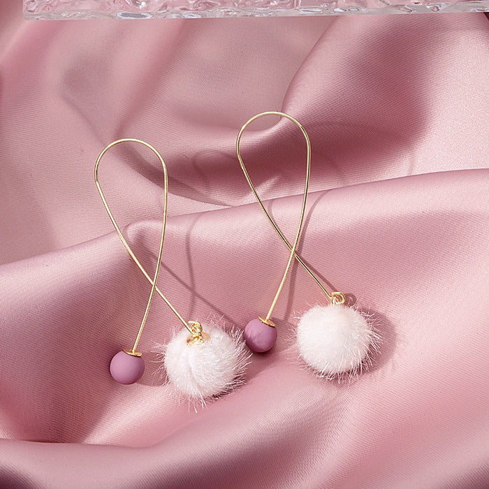 Sweet Girl Cross Metal Alloy Long Drop Pom Pom Ball Face Slimming Dangle Earrings