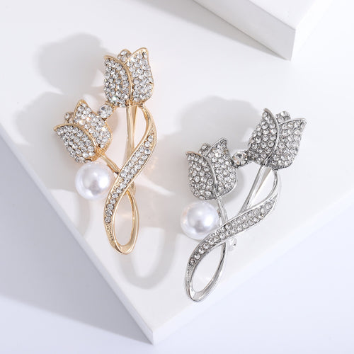 Alloy Pearl Rhinestone Tulip Brooch For Coat And Shirt Accessories