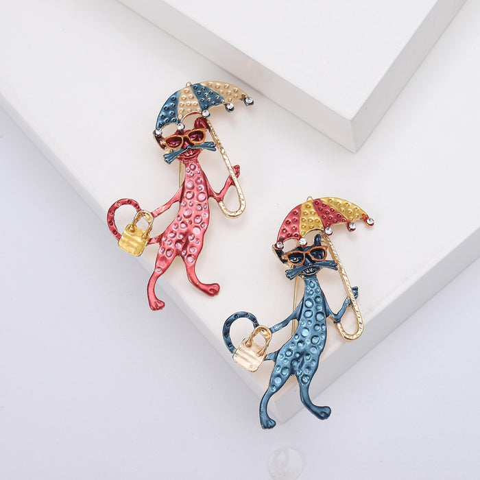 Alloy Enamel Cat Umbrella Brooch Pin For Cute Clothing Accessories