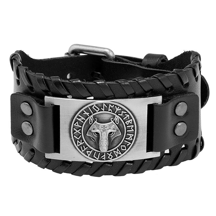 Vintage Braided Cowhide Bracelet With Norse Mythology Odin Symbol, Viking Leather Wristband Jewelry
