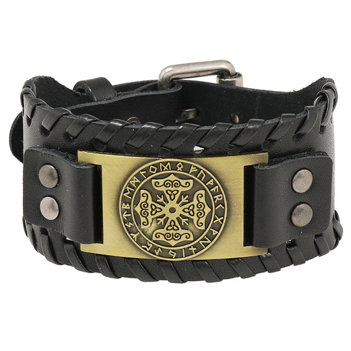 Handmade Braided Vintage Cowhide Leather Bracelet Nordic Myth Rune Letter Symbol Wristband
