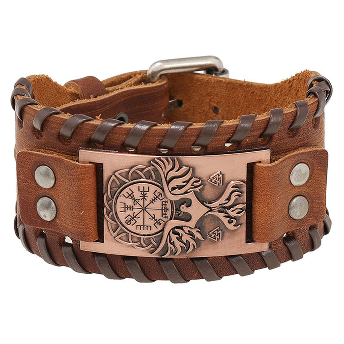 Handmade Braided Vintage Cowhide Leather Bracelet For Men With Nordic Viking Myth Theme