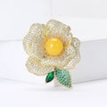 Copper Zircon Amber Camellia Brooch Elegant Floral Lapel Pin view 2