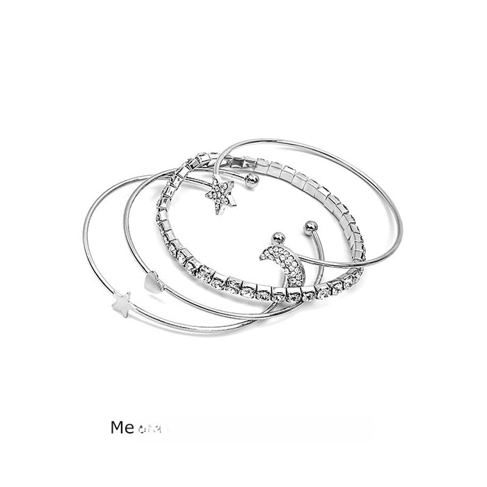 Korean Sweet Cute Moon Star Micro Pave Rhinestone Thin Bangle Bracelet Set 4 Pieces