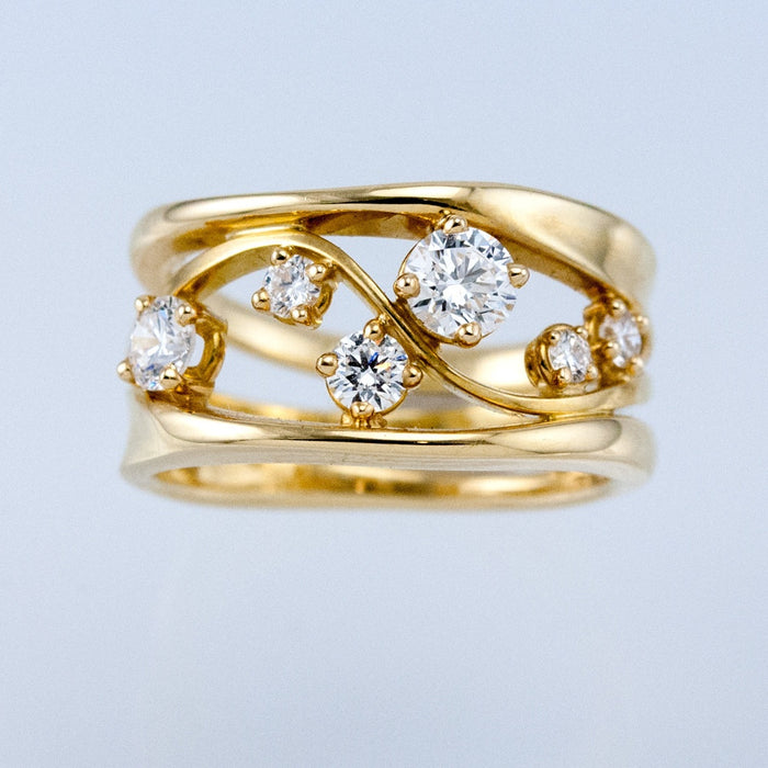 Gold Zircon Wave Geometric Line Women's Ring, Elegant Fashion Finger Jewelry
