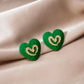 Elegant Vintage Green Enamel Heart And Geometric Square Chic Gold Embossed Alloy Stud Earrings view 3
