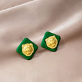 Elegant Vintage Green Enamel Heart And Geometric Square Chic Gold Embossed Alloy Stud Earrings view 2