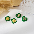 Elegant Vintage Green Enamel Heart And Geometric Square Chic Gold Embossed Alloy Stud Earrings view 1