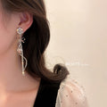 Alloy Silver Needle Rhinestone Heart Flower Bow Tassel Drop Earrings For Women view 4