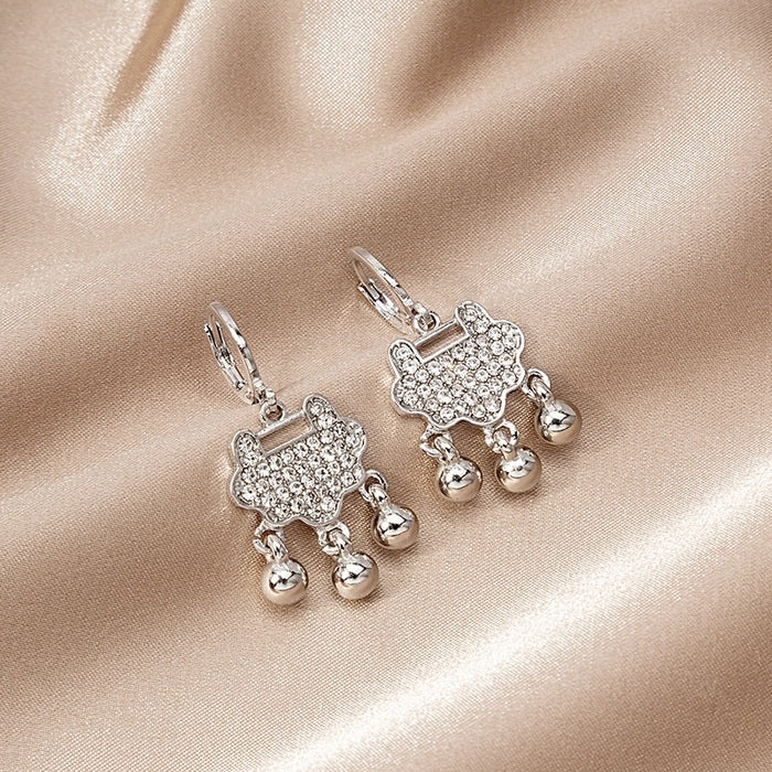 Elegant Rhinestone Chinese Longevity Lock Bell Tassel Silver Alloy Huggie Hoop Drop Earrings