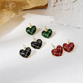 Elegant Vintage French Heart Enamel Checkerboard Plaid Gold Tone Alloy Hook Drop Dangle Earrings view 1