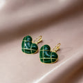 Elegant Vintage French Heart Enamel Checkerboard Plaid Gold Tone Alloy Hook Drop Dangle Earrings view 2
