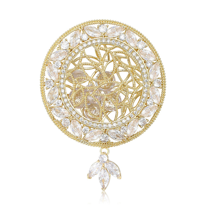Luxury Alloy Zircon Hollow Round Pendant Brooch Pin For Coats