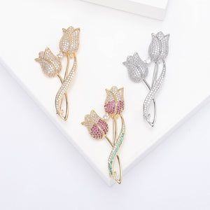 Alloy Zircon Double Tulip Brooch For Suits And Qipao