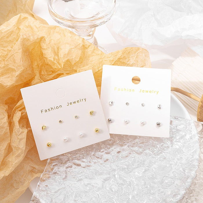 Sweet Mini Pearl Rhinestone Heart Ball Stud Set With Silver Needle Elegant Fashion Earrings